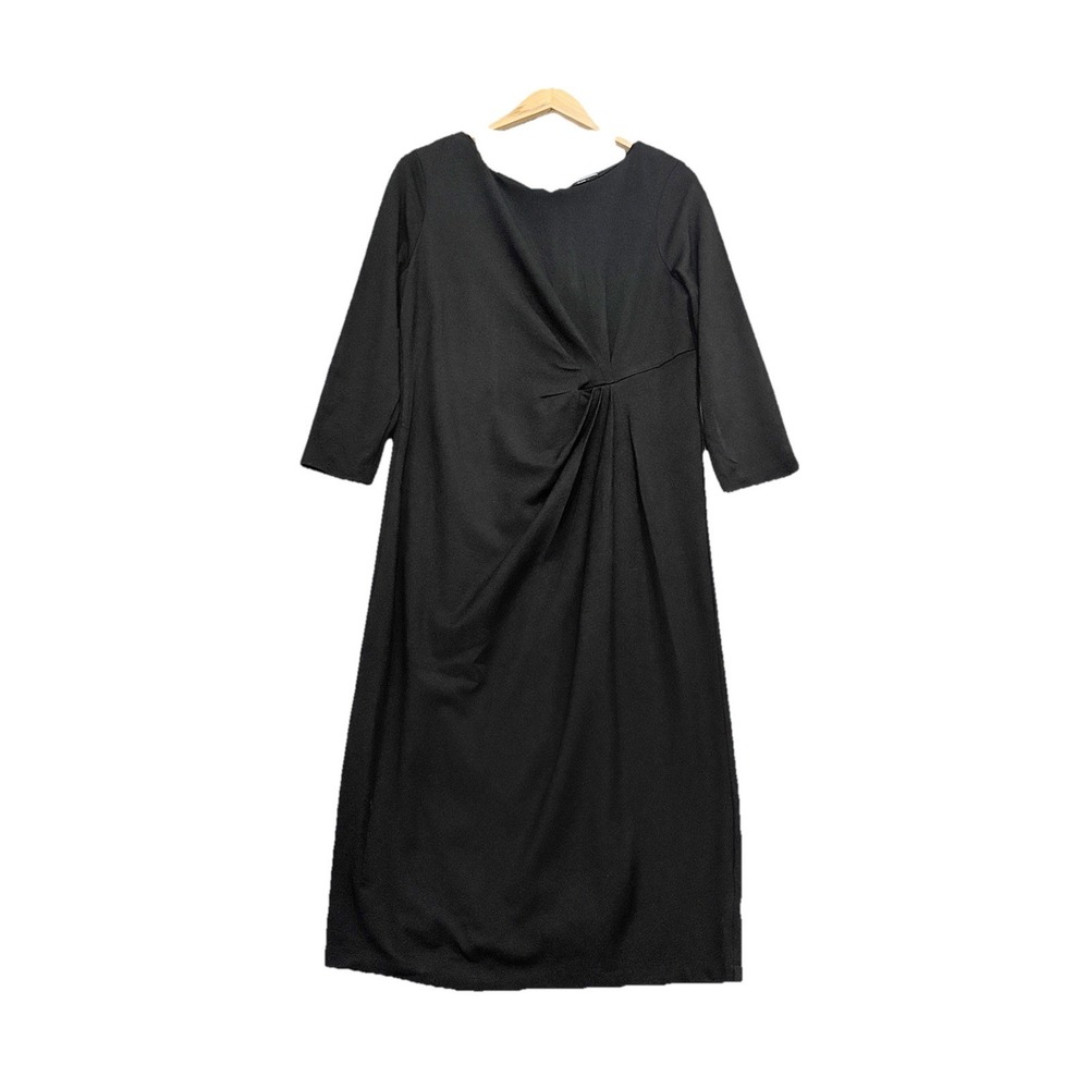 Lands End Ponte Midi Dress Sz 14 Black Ruched Waist Event Formal Cocktail Career